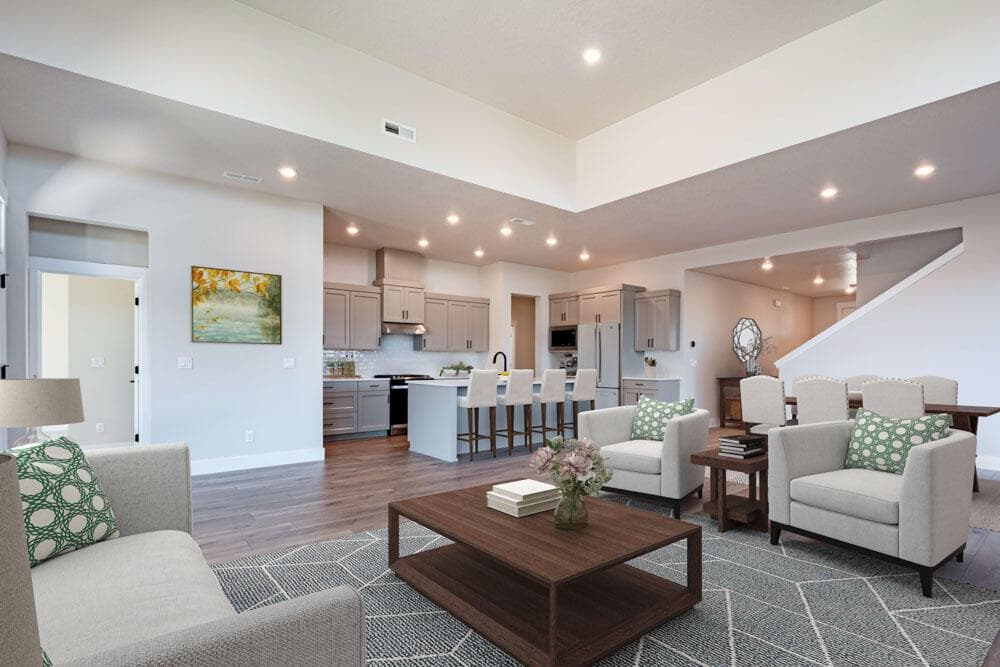 Like-kind photo - same floorplan, different home. Greatroom with tall ceiling.