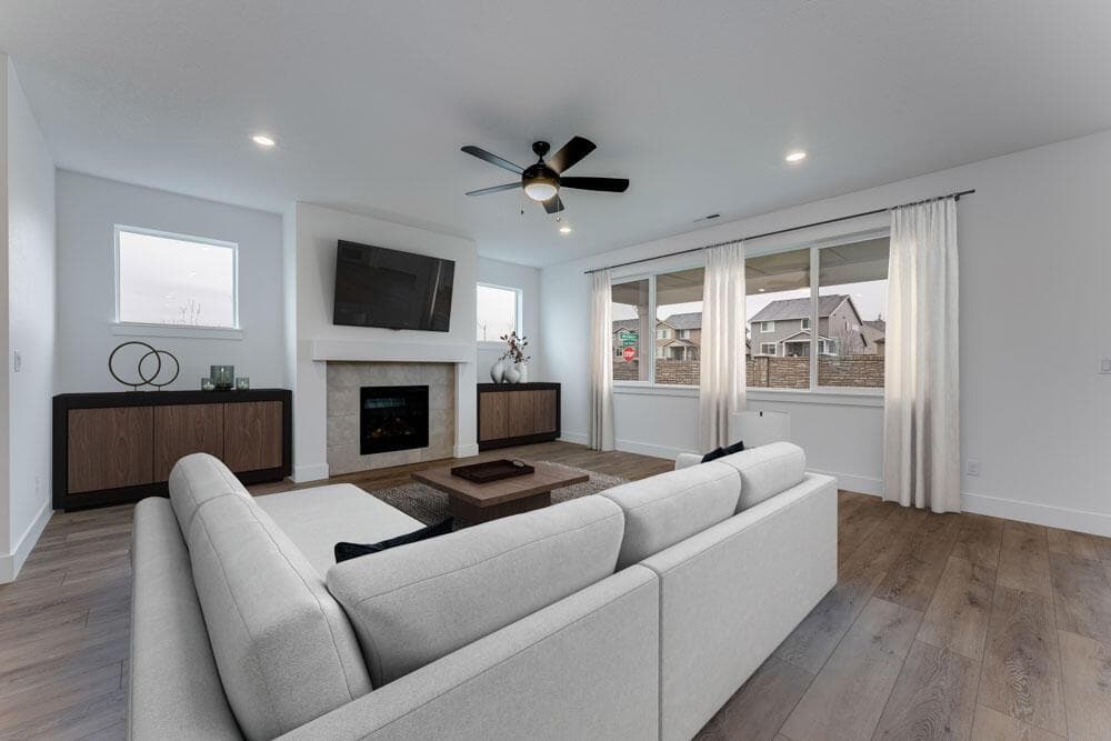Great Room. Photos have been virtually staged.