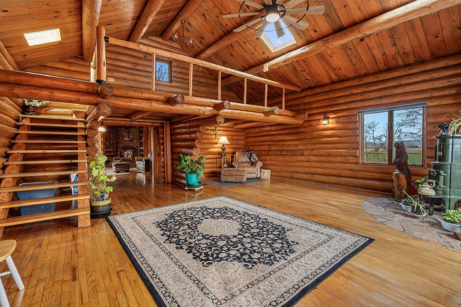 Shot highlighting the high ceilings in the main living space.