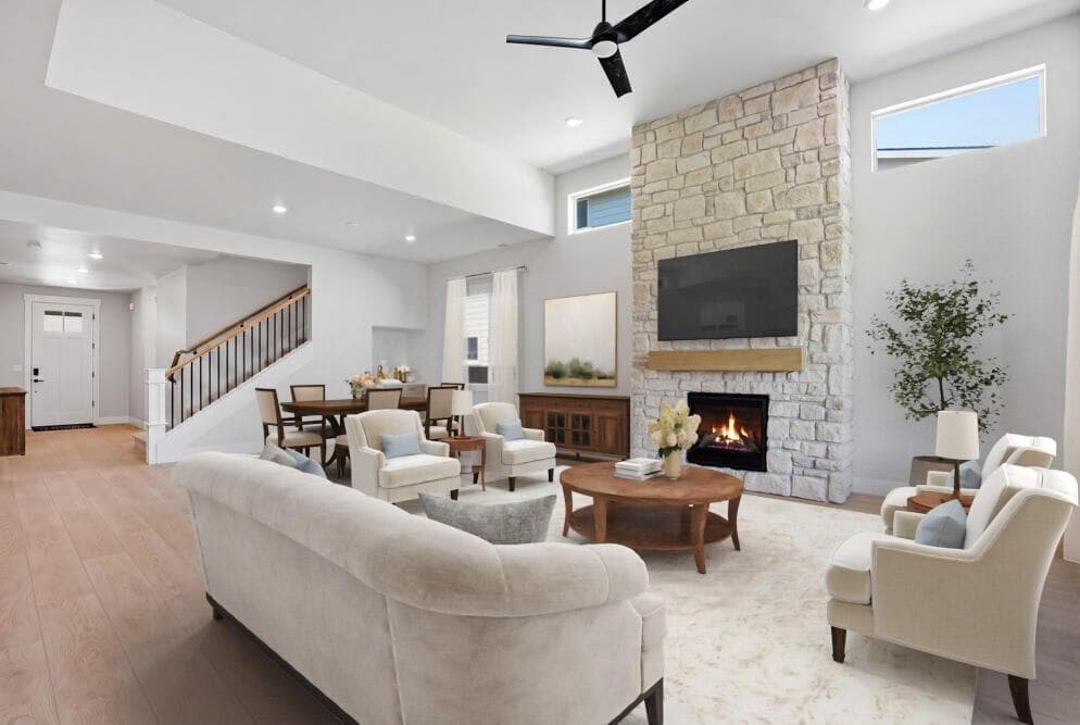 Subject property - virtual staging. Greatroom with beautiful upgrades.