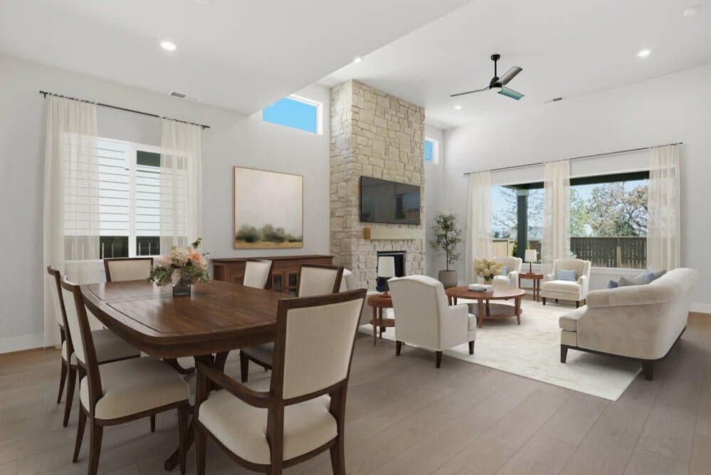 Subject property - virtual staging. Dining area and greatroom.
